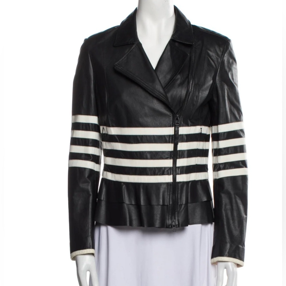 LUISA CERANO Striped Lamb Leather Jacket Moto Black & White sz 8